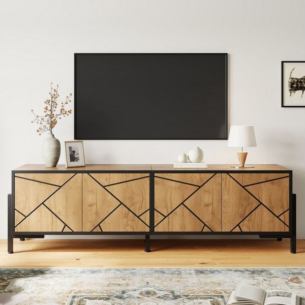 KLAM HOME Lowboard 153cm TV-Schrank Naturholz + Schwarz Geometrisches Design für 65 Zoll (Lowboard mit 4 Türen & großem Stauraum für kleine Wohnzimmer), Modernes TV-Board mit Kontrast-Linien & stabilen Metallfüßen