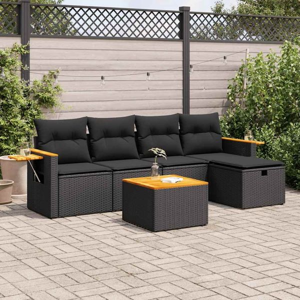 vidaXL 6-tlg. Garten-Sofagarnitur mit Kissen Schwarz Poly Rattan 3325961