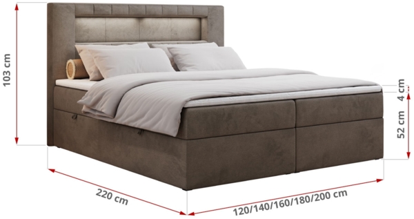 Boxspringbett - Polsterbett mit LED Kopfteil - GOLD-5 - 140x200cm - Braun Velours - H3 Bild 5