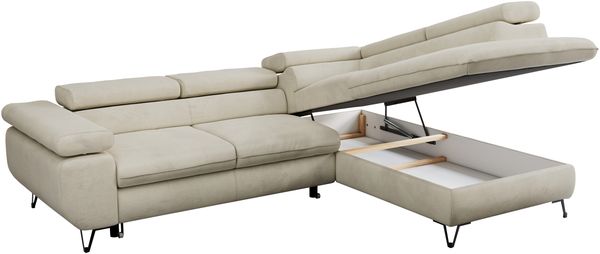 Mks Möbel 'Peter L-form' Ecksofa mit Bettfunktion, Bettkasten & einstellbaren Kopfstützen, Beige, Velours, mit Topper, rechts Bild 5