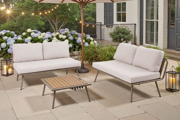 riess-ambiente Gartenlounge-Set MOBILE MODULAR greige/natur – WPC-Bohlen, Outdoor-Stoff, wetterfest, (Set, 3-tlg, 2x Sitzbänke, Beistelltisch), Flexible Terrassenmöbel inkl. Kissen - ideal für Garten oder Balkon
