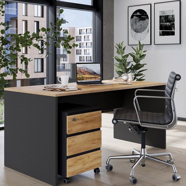 Lomadox Schreibtisch LUGANO-01, Schreibtisch inkl. in Graphit mit Navarra Eiche Nb, : 158/75/79 cm
