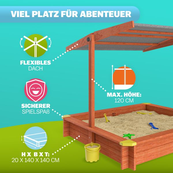 Spielwerk Sandkasten mit Dach, Holz braun / anthrazit, 140 x 140 x 120 cm
