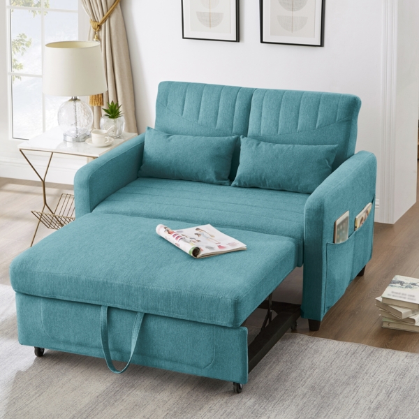 Merax Sofabett mit Schlaffunktion Zweisitzer-Klappsofa, ausziehbares Design, zeitgemäßer Stil, dreistufig verstellbare Rückenlehne, atmungsaktiver Baumwoll-Leinen-Stoff, Antik Blaugrün