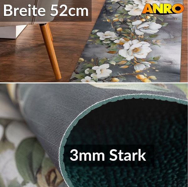 ANRO Küchenläufer GreenLine Teppichläufer Textil, Rechteckig, Höhe: 3 mm, Bodenläufer 100cm Orchidee Grau pflegeleicht