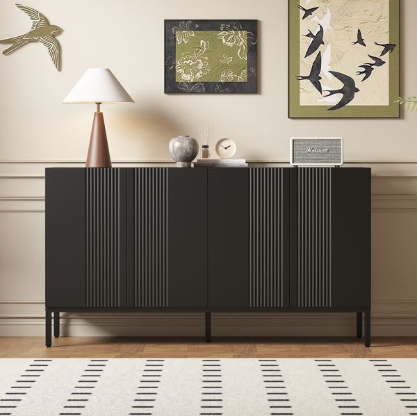Sideboard modern, schwarz, 4 grifflose Türen, höhenverstellbare Regale, 145x41,5x80 cm
