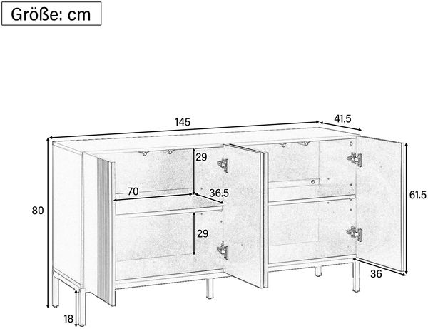 Sideboard modern, schwarz, 4 grifflose Türen, höhenverstellbare Regale, 145x41,5x80 cm Bild 10