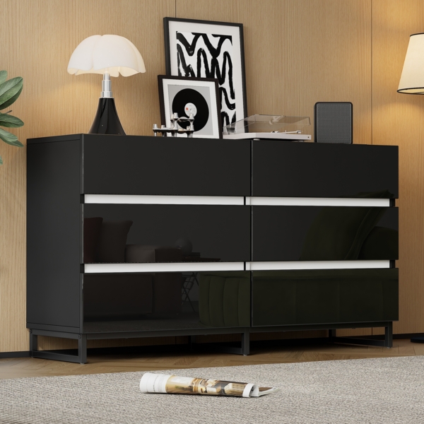 Merax Sideboard, Wohnzimmerschrank mit 6 Schubladen, Hochglanz-Kommode, Schrank mit 3 Metallbeinen, Beistellschrank, Weiß+Schwarz
