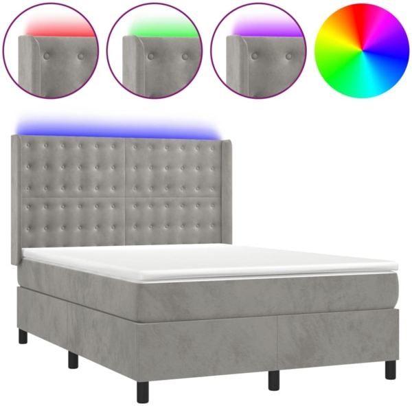 vidaXL Boxspringbett mit Matratze & LED Hellgrau 140x190 cm Samt 3139799