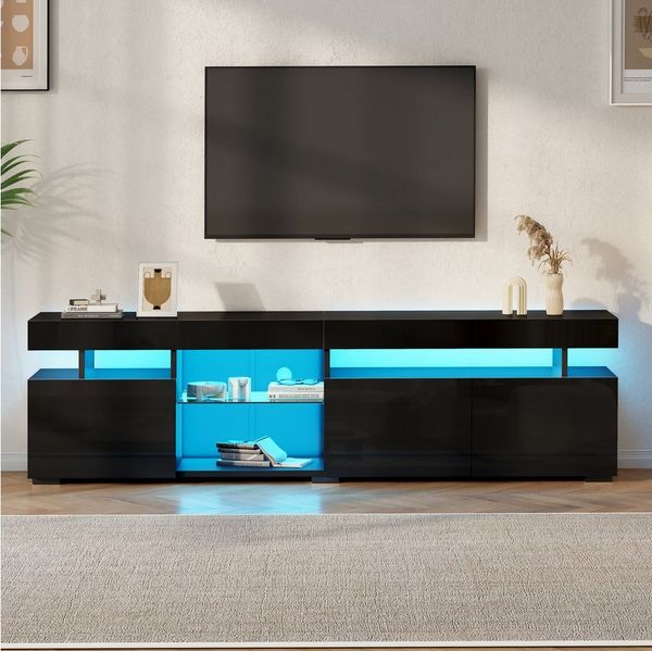 KLAM HOME Lowboard Weißer Hochglanz TV-Schrank 180cm für 80 Zoll mit 3 Türen & LED (Lowboard mit App-gesteuerter Beleuchtung & verstellbarem Glasfach), Moderner TV-Ständer mit viel Stauraum & Hochglanz-Optik für Wohnzimmer