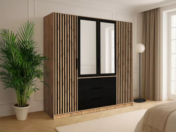 Vente-unique - LIRMADA Wardrobe and walk-in wardrobe Holz, Platte SchwarzBeige - B 58 cm x H 200 cm x L 196 cm
