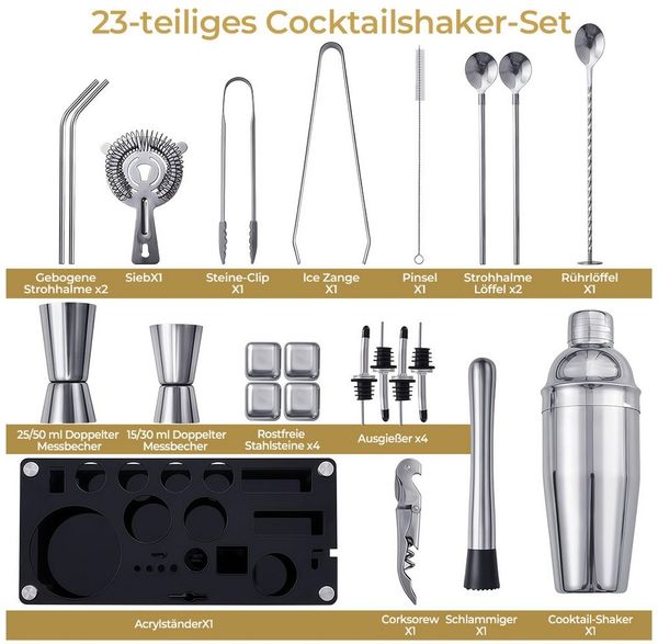 GLIESE Cocktail-Set Edelstahl Cocktail Shaker mit Ständer, (23-tlg, Shaker Setz), mit Rezeptbuch, Messbecher, Barsieb & Eissteinen