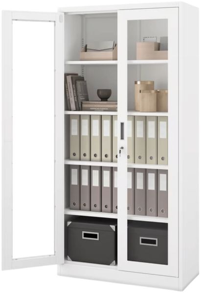 Vitrinenschrank abschließbar AMELIA - Glastüren, 5 Ebenen | Büroschrank aus Stahl Aktenschrank mit Glasfenster Metallschrank Mehrzweckschrank, 185x90x40cm Weiß