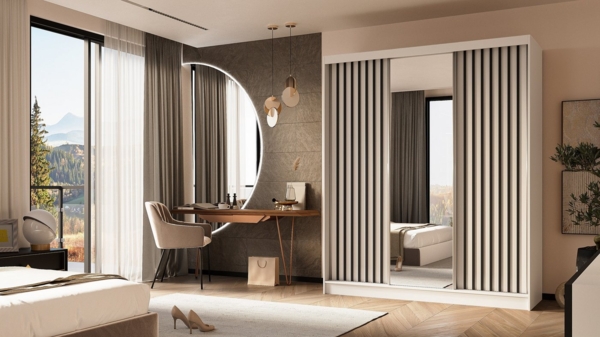 ALTDECOR Schiebetürenschrank LAMELO (Kleiderschrank Garderobenschrank mit viel Stauraum Moderner Schrank) Spiegel Spiegeltüren Lamellen Schwebetürenschrank LED Beleuchtung Bild 1