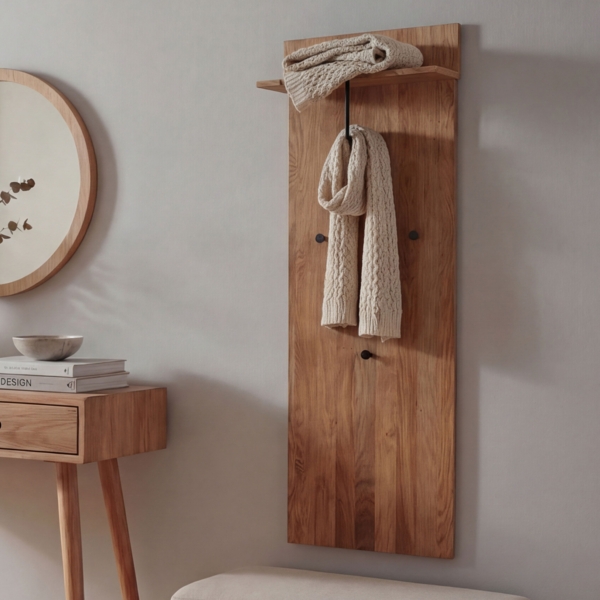 MCA Garderobenpaneel HWC-P55, Wandgarderobe Garderobe, Massiv-Holz Ablagefläche Haken 135x42x22cm, Eiche