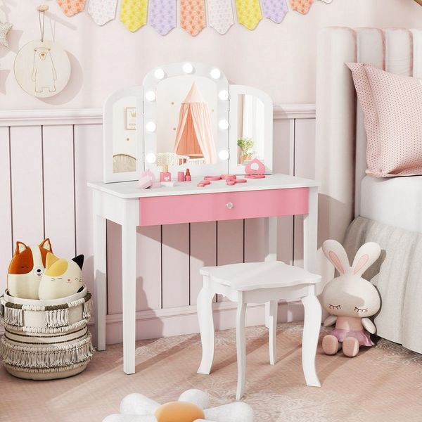 COSTWAY Schminktisch Kinder, mit Spiegel & Hocker, holz