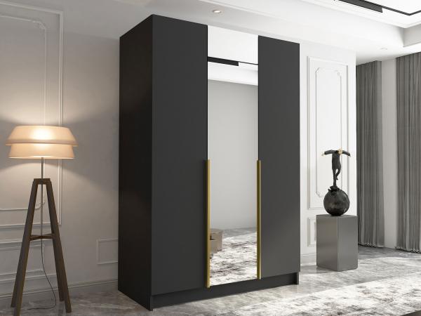 Drehtürenschrank Cikzori II, Kleiderschrank mit 3 Türen, Frontspiegel (Farbe: Schwarz / Schwarz + Gold)