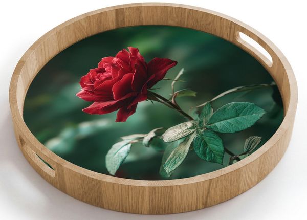 OnlyWow Tablett Rund mit Henkel Rose - Blätter - Tiefrot, Eichenholz, (1-tlg), Siervierplatte, Tray, Frühstücksbrett