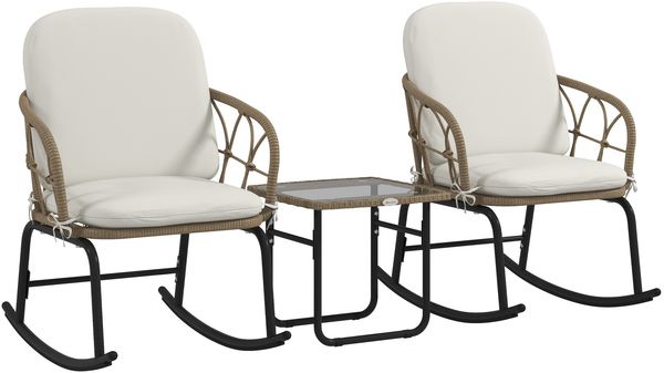 3-tlg, Rattan Schaukelstuhl-Set mit 2 Schaukelstühlen & 1 Couchtisch, Gartenmöbel-Set mit Kissen für Terrasse & Balkon