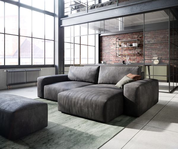Ecksofa Lanzo 230x155 cm Lederimitat Vintage Anthrazit Recamiere variabel mit Hocker