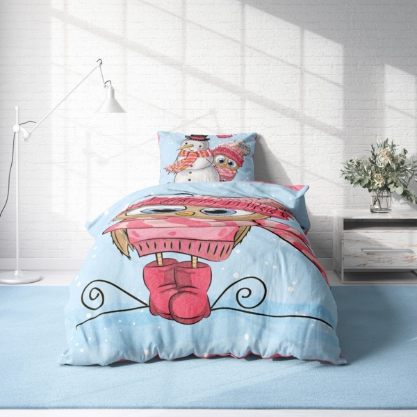 One Home Bettwäsche Winter Thermofleece, Fleece, 4 teilig, Schneemann süße Eule Herzen, kuschelig flauschig warm weich Bild 2