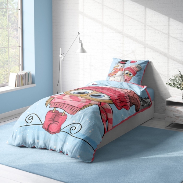 One Home Bettwäsche Winter Thermofleece, Fleece, 4 teilig, Schneemann süße Eule Herzen, kuschelig flauschig warm weich Bild 3