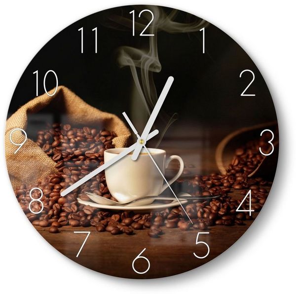 DEQORI Wanduhr 'Kaffeetasse mit Bohnen' (Glas Glasuhr modern Wand Uhr Design Küchenuhr)