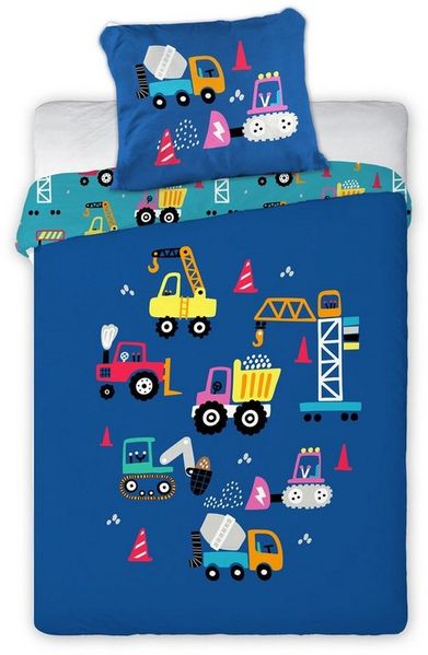Baby Bettwäsche Set Baustelle blau 2 tlg. 100x135 cm 100% Baumwolle