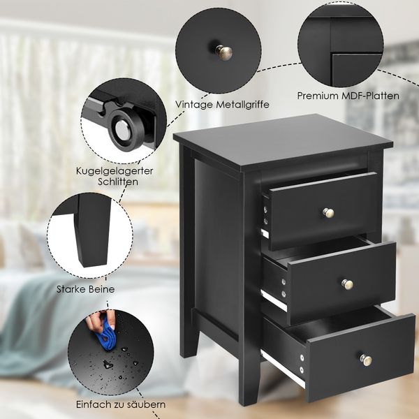 2er Set Nachttisch mit 3 Schubladen Nachtschrank für Boxspringbett 46 x 37 x 65 cm Schwarz