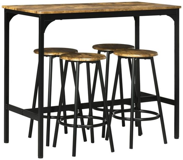 HOMCOM Bargruppe Bartisch mit Barhocker Set, (Essgruppe, 5-tlg, Bartisch-Set), Rustikal-Braun MDF Eisen