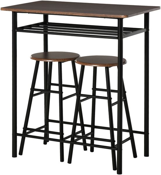 Bartisch Set 3-teilig Esstisch mit 2 Barhocker Essgruppe Küchentisch und Stühle Stehtisch und Barhocker mit Lagerregal Metall 80 x 50 x 90 cm Schwarz