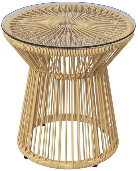 Outsunny Beistelltisch Runder Ratten Kaffeetisch, Bistrotisch mit Glastischplatte (Gartentisch, 1-St, Couchtisch), für Terrasse, Balkon, Metall, Beige