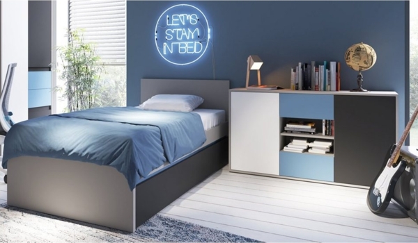 Jugendzimmer Bettgestell mit Bettschubkasten und Sideboard LIIVA-129 in grau mit schwarz, weiß, blau, B/H/T: ca. 236,7/80,5/206,1 cm