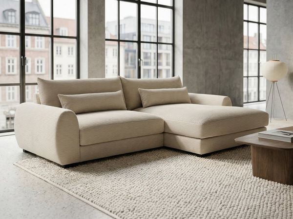 Massivart® Ecksofa Cord 265 x 180 cm / Nosagunterfederung / Cordsofa »MARK«, inkl. Kissen-Set · frei im Raum stellbar