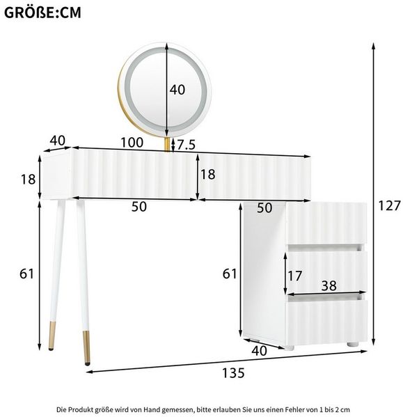 i@home Schminktisch mit LED-Spiegel, 5 Schubladen, Weiß, 100×40×127 cm (Schminktisch ohne Hocker, 1-St, Schminktisch (ohne Hocker), Gewellte Fronten, LED-Spiegel, Weiß mit Goldakzenten