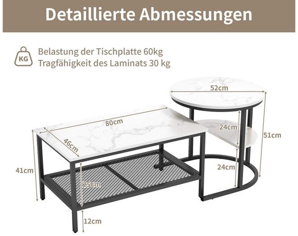 Furnishings Home Couchtisch 2er-Set Runde + Rechteck Beistelltische aus Holz & Metall (2-St, 2-St, 80x46x41 cm + 52x51 cm), Moderne Kaffeetische für Wohnzimmer Schlafzimmer