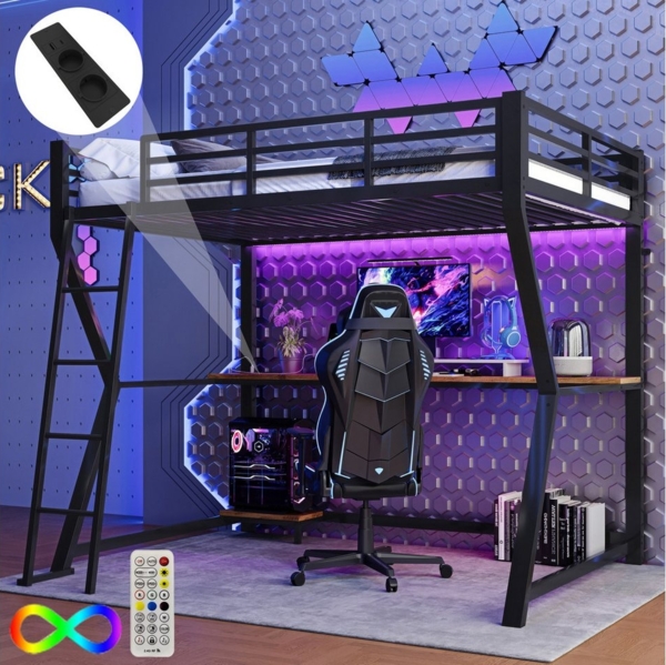 Flieks Hochbett LED Metallbett 90x200cm mit Schreibtisch und Aufladenfunktion