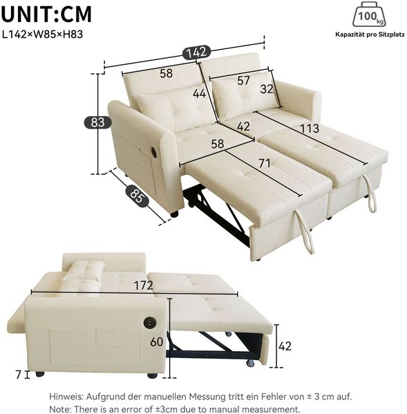 Schlafsofa 142 x 85 x 83 cm 3-in-1 mit USB, verstellbarer Rückenlehne und Seitentaschen – Beige Bild 10