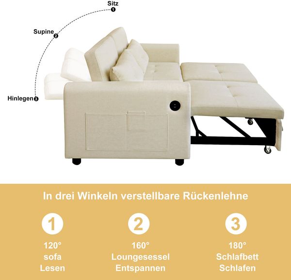 Schlafsofa 142 x 85 x 83 cm 3-in-1 mit USB, verstellbarer Rückenlehne und Seitentaschen – Beige Bild 9