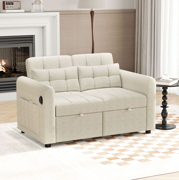 Schlafsofa 142 x 85 x 83 cm 3-in-1 mit USB, verstellbarer Rückenlehne und Seitentaschen – Beige Bild 7