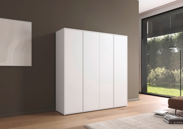 rauch Kleiderschrank Nabila, Drehtürenschrank, Garderobenschrank, 4-türig, mit 1 Kleiderstange und 5 Einlegeböden, Farbe Weiß, mit Push-to-Open Funktion, 187x194x53cm