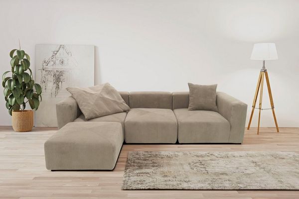 RAUM. ID Ecksofa Gerrid L-Form, Cord-Bezug, Modulsofa, bestehend aus Eck- und Mittelelement + Hocker
