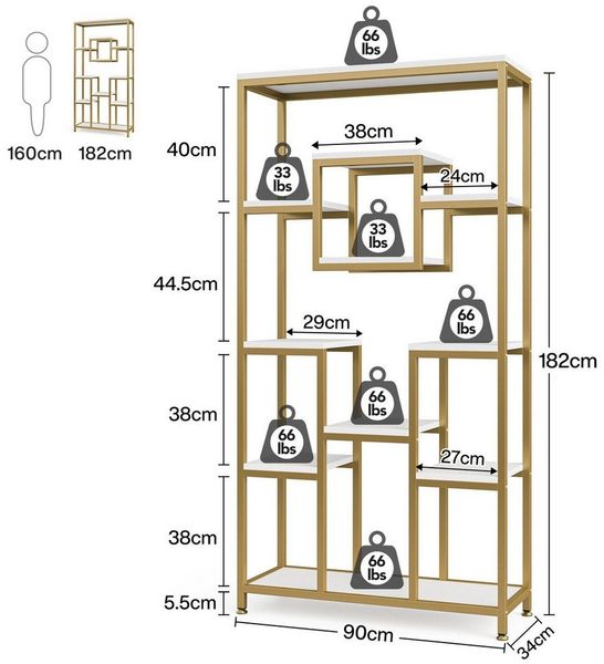Celya Bücherregal 180 cm hohes Gold-Etagen-Bücherregal