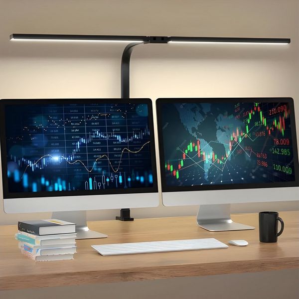 Athlix LED Schreibtischlampe Doppelkopf-Schreibtischlampe mit Clip, Tischlampe Büro Dimmbar, LED fest integriert, Tageslichtweiß, Warmweiß, 360°-Schwanenhals, 24W, Fernbedienung, 1000 Lumen