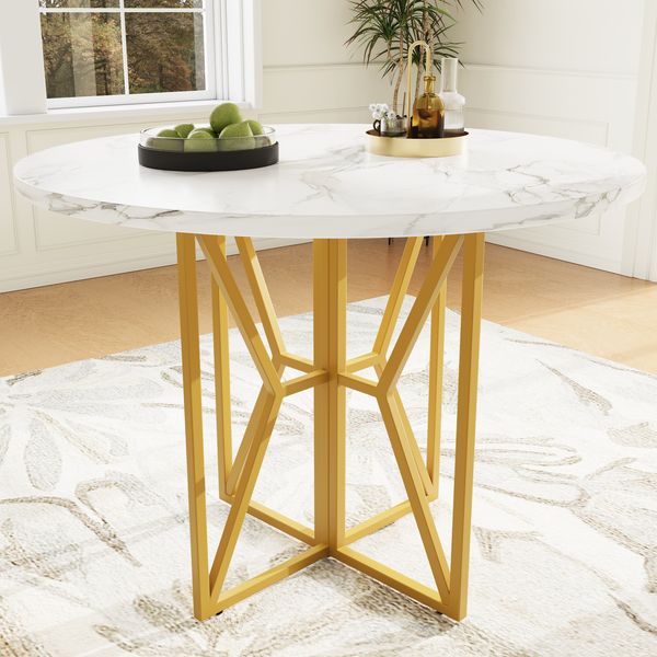 Esstisch rund, MDF mit Marmormuster & Metallgestell, 80x80x76 cm, Goldfarben