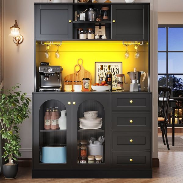 Celya Küchenbuffet Buffetschrank Landhausstil 120 x 40 x 188 cm mit LED-Lichtleiste (4 Türen, 3 Schubladen, Eingebaute Kippsicherung)