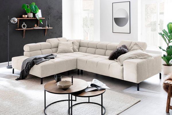 INOSIGN Ecksofa Ancona New, wahlweise motorische Sitztiefenverstellung, auch in Cord, feine Steppung, mit Kopfteilverstellung, 3 Zierkissen, L-Form