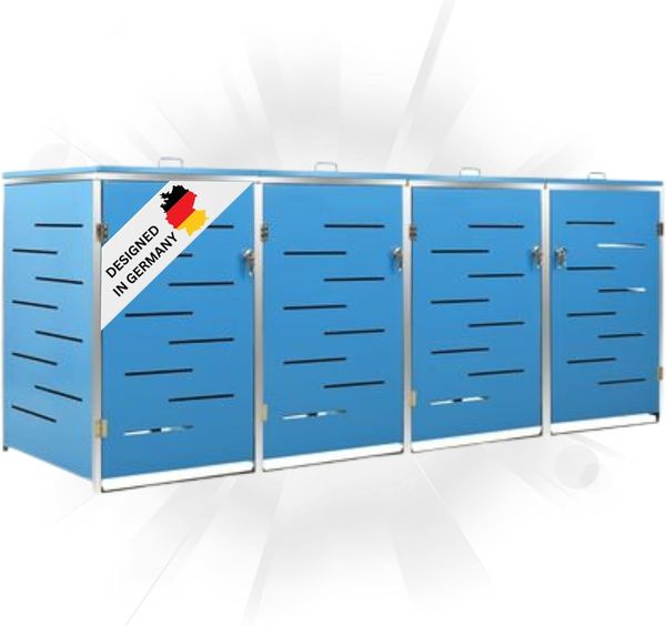 4er Mülltonnenbox JAGU Edelstahl Blau 115,5x276,5x77,5cm Mülltonnenverkleidung für 4 Tonnen 240L Müllbox aus Metall Mülltonnenschutz Mülltonnendach