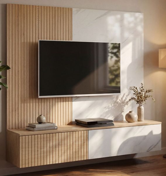 TV-Lowboard Set Arion in Cremona Eiche und Marmor weiß 160 cm