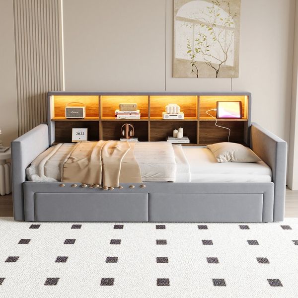 Merax Daybett 90/180×190cm mit LED-Lichtleiste und Ladeanschlüssen (Polsterbett Schlafsofa Sofabett Jugendbett Doppelbett, 1 tlg), Tagesbett mit Ausziehbett, 2 Schubladen & Kopfteil-Staufächern, Samt